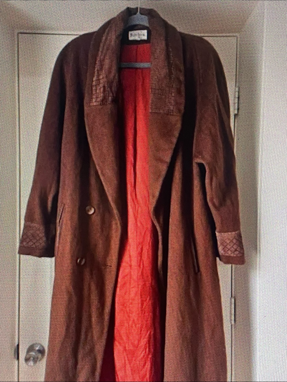 Brown Suede Long Coat with Red Lining